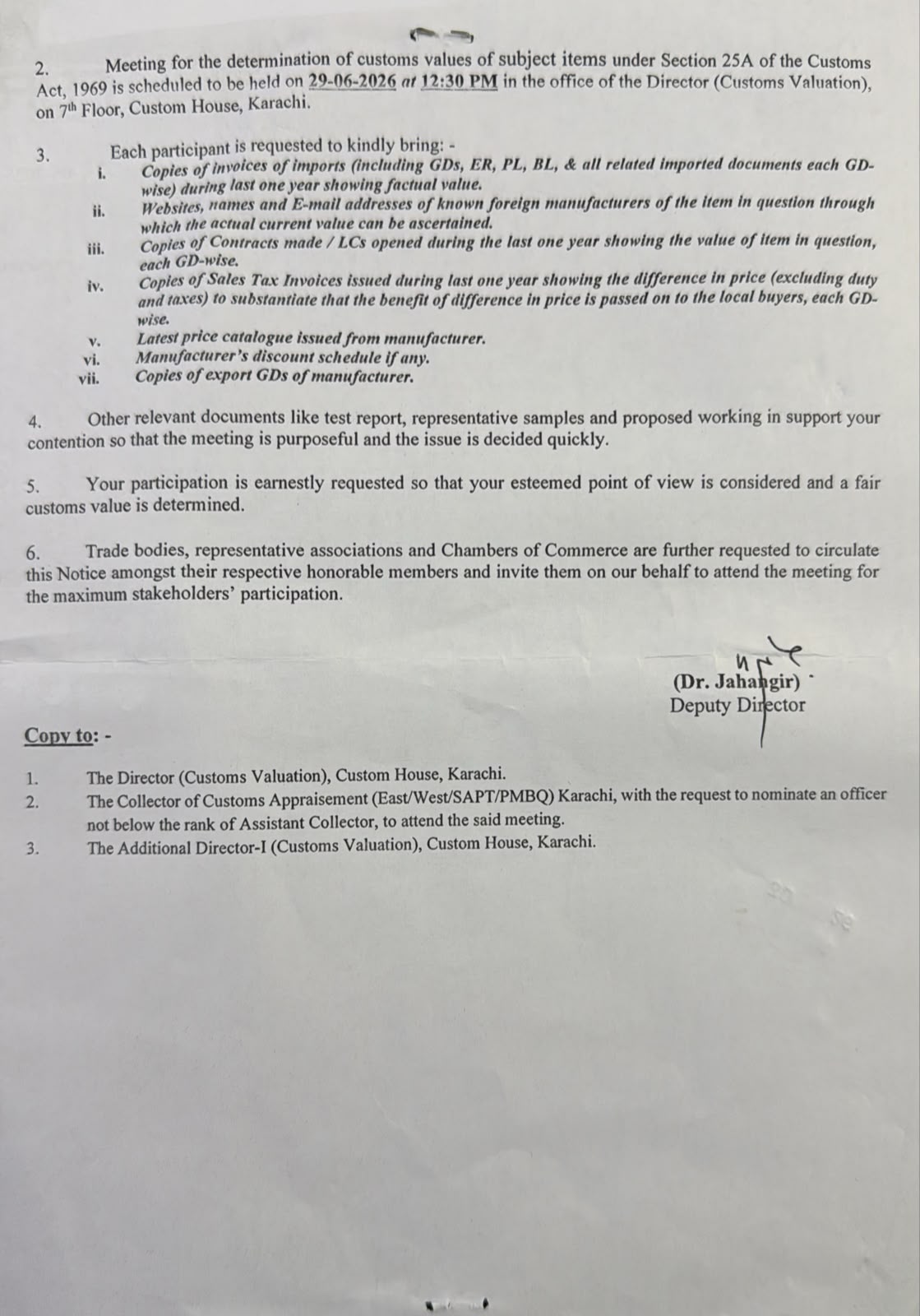 Directorate General of Custom Karachi Meeting Notice