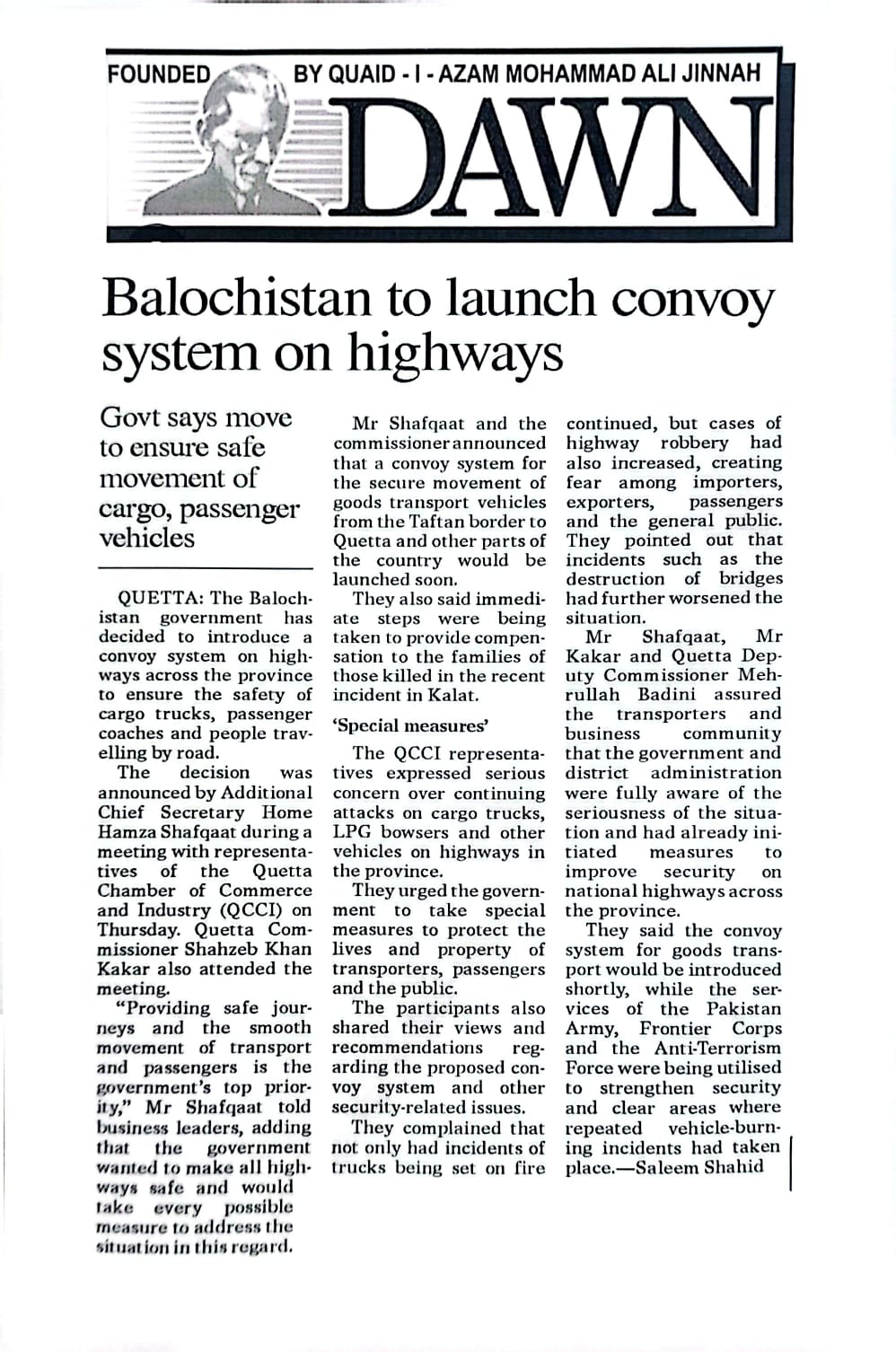 Balochistan to launch convoy system on highways